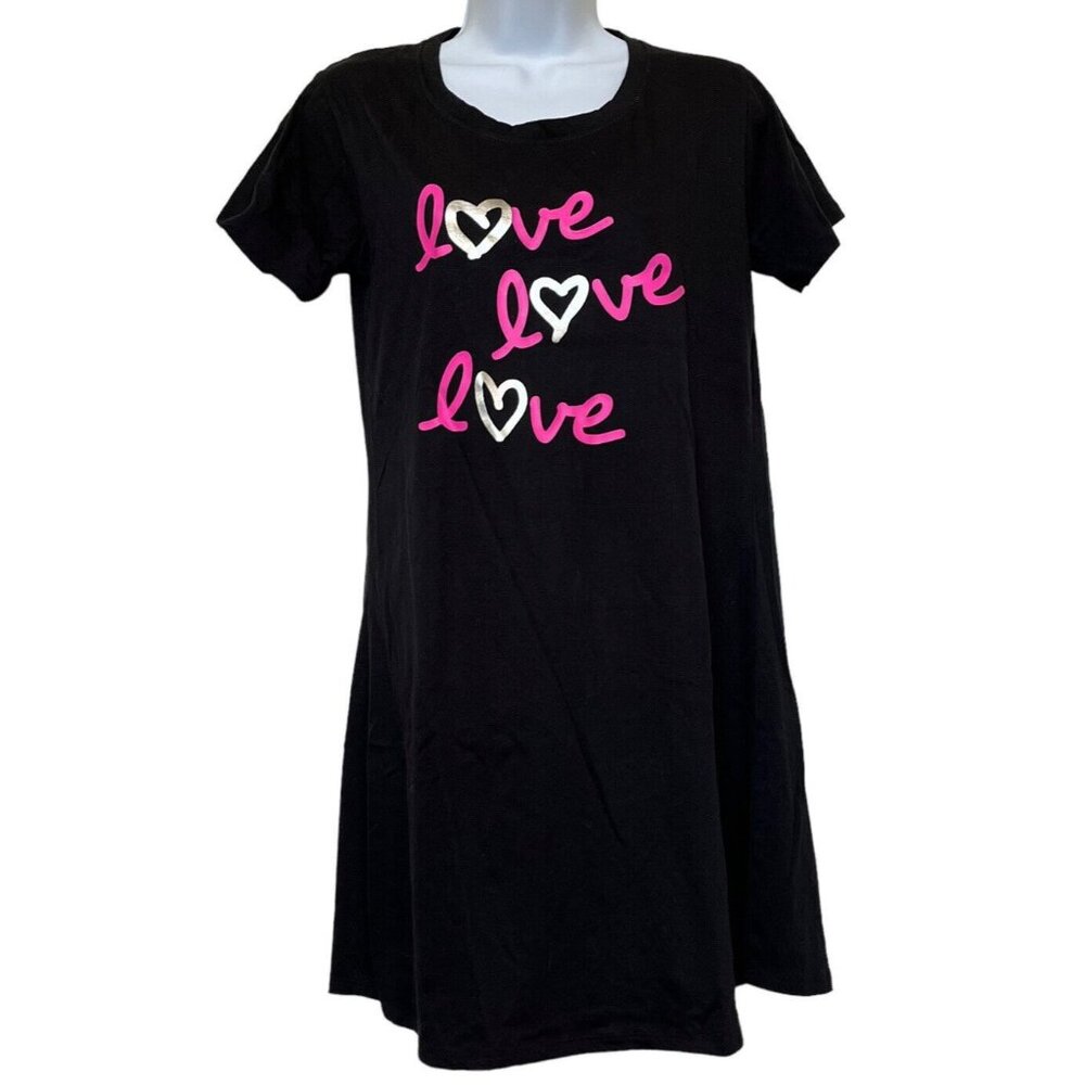 Rampage Sleep Shirt Size Med Black Graphic Tee Silver Hearts Pink Love Love Love